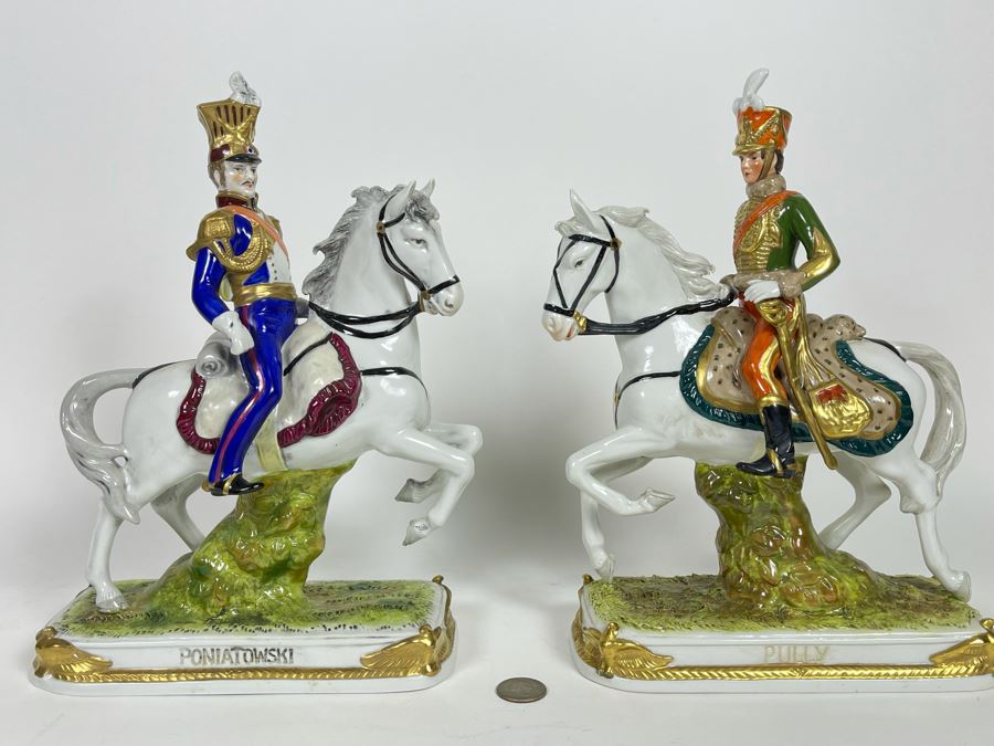 Pair Of Handpainted Saxon Porcelain French Napoleonic Soldier Figurines From Scheibe Alsbach - Thuringia Signed Horses Titled Poniatowski And Pully Made In German Democratic Republic (GDR) 3W X 3.5D X 11.5H [Photo 2]