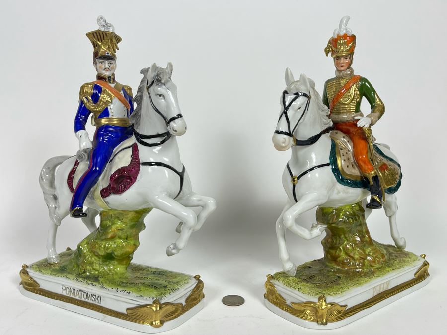 Pair Of Handpainted Saxon Porcelain French Napoleonic Soldier Figurines From Scheibe Alsbach - Thuringia Signed Horses Titled Poniatowski And Pully Made In German Democratic Republic (GDR) 3W X 3.5D X 11.5H [Photo 3]