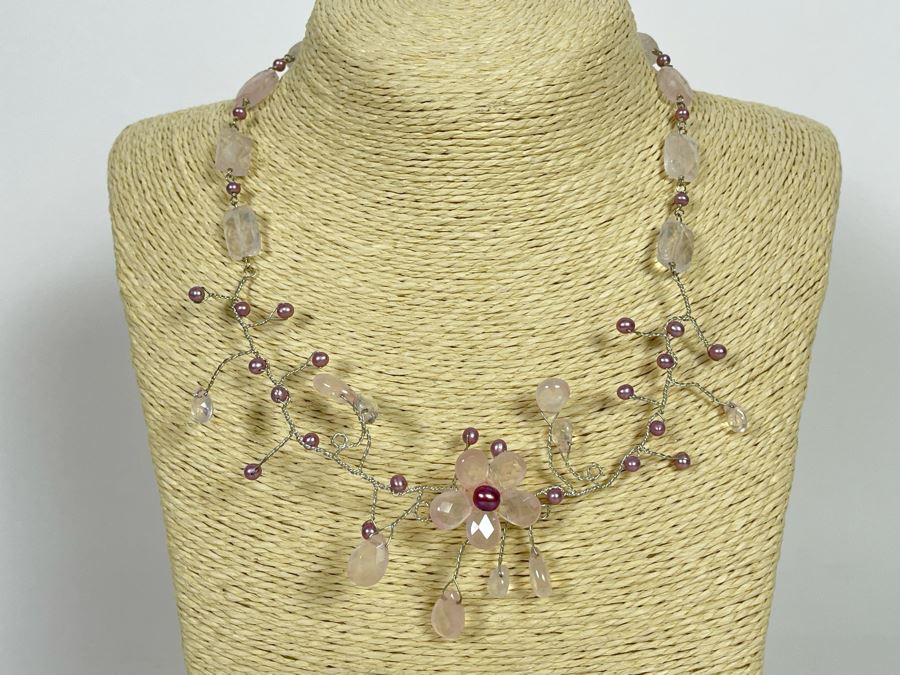 Sterling Silver Rose Quartz Pink Pearl Necklace [Photo 1]