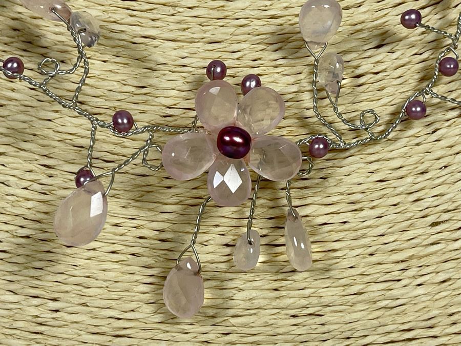 Sterling Silver Rose Quartz Pink Pearl Necklace [Photo 3]