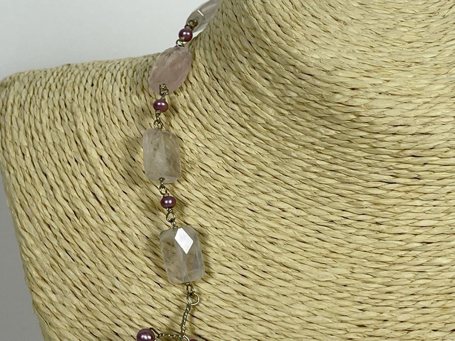 Sterling Silver Rose Quartz Pink Pearl Necklace [Photo 5]