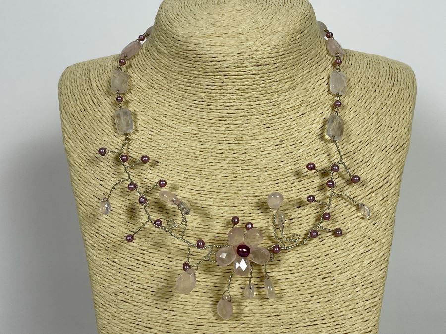 Sterling Silver Rose Quartz Pink Pearl Necklace [Photo 2]