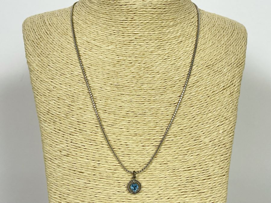 JUST ADDED - Sterling Silver 20' Necklace With Sterling Silver Blue Stone Pendant 6.6g [Photo 3]