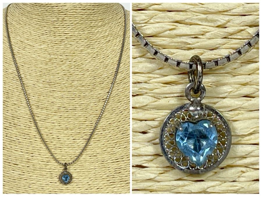 JUST ADDED - Sterling Silver 20' Necklace With Sterling Silver Blue Stone Pendant 6.6g