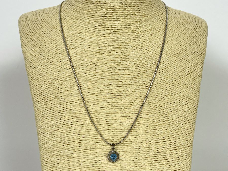 JUST ADDED - Sterling Silver 20' Necklace With Sterling Silver Blue Stone Pendant 6.6g [Photo 2]