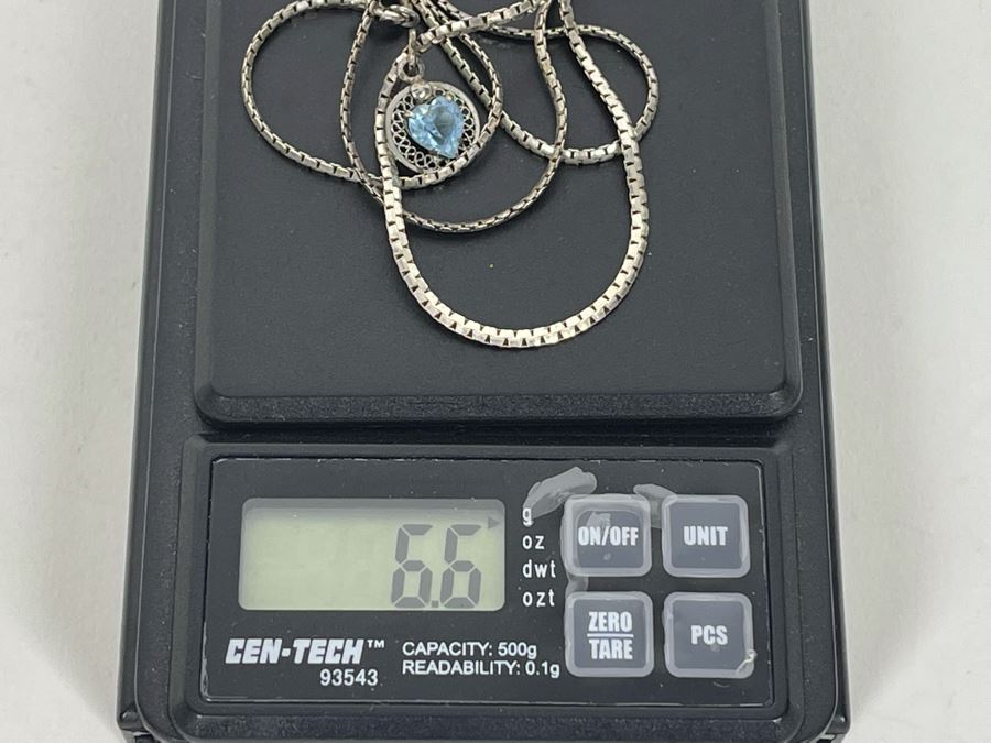 JUST ADDED - Sterling Silver 20' Necklace With Sterling Silver Blue Stone Pendant 6.6g [Photo 8]