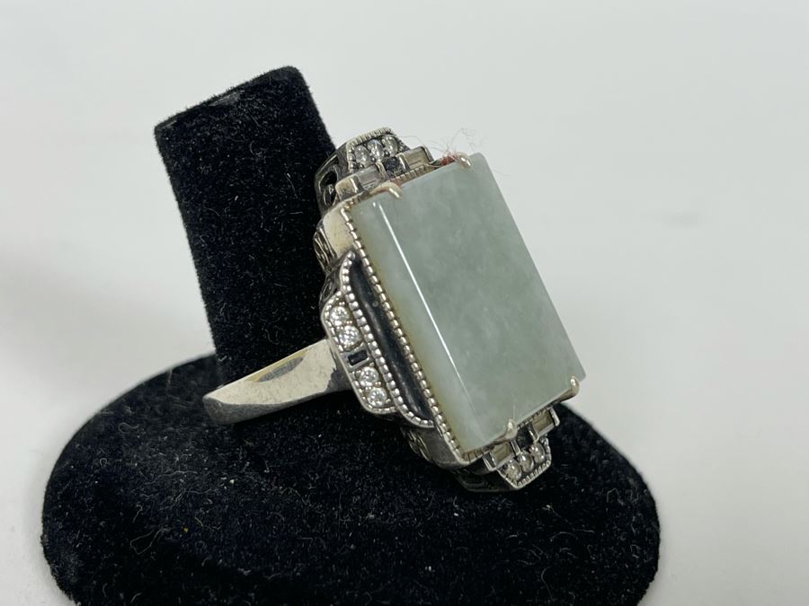 JUST ADDED - Sterling Silver + 10K Gold Jade CZ Ring Size 8.25 11.2g [Photo 6]