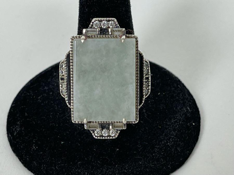 JUST ADDED - Sterling Silver + 10K Gold Jade CZ Ring Size 8.25 11.2g [Photo 2]