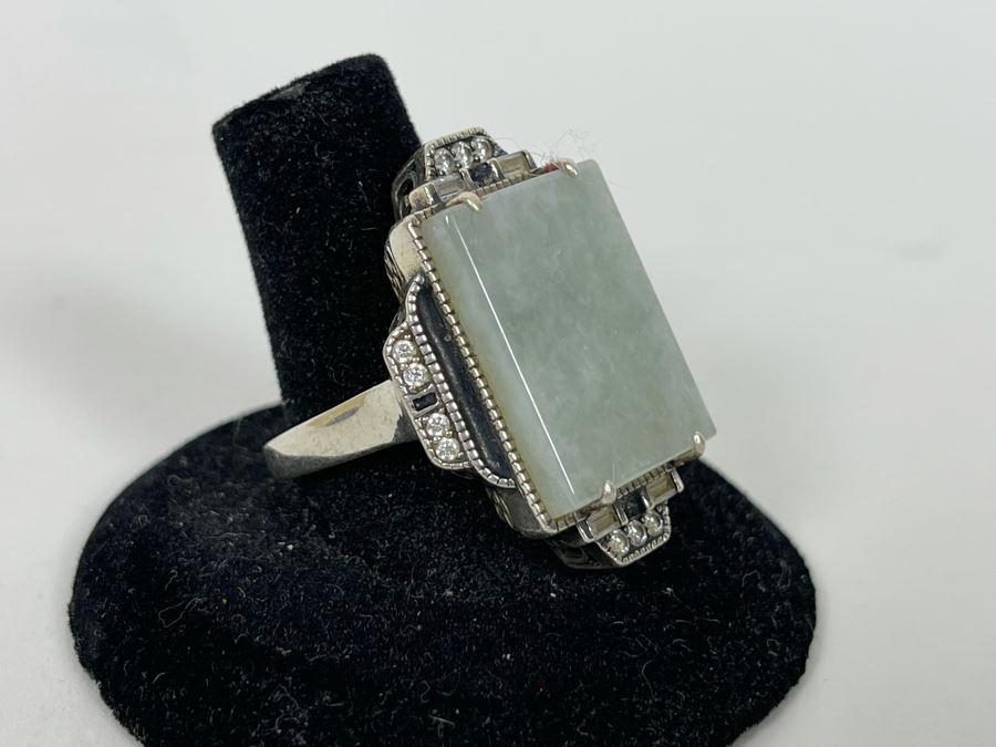 JUST ADDED - Sterling Silver + 10K Gold Jade CZ Ring Size 8.25 11.2g [Photo 1]