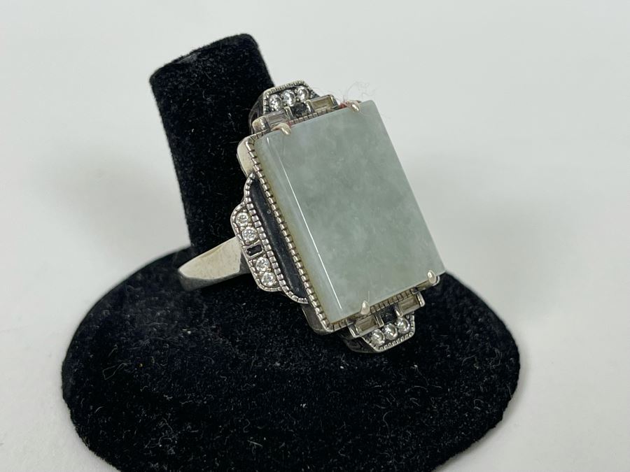 JUST ADDED - Sterling Silver + 10K Gold Jade CZ Ring Size 8.25 11.2g [Photo 5]