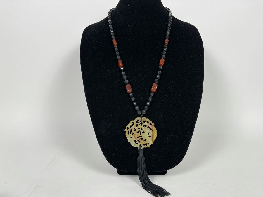 JUST ADDED - Glass 'Jade' Carnelian And Onyx 30' Necklace Fair Market Value $50 Retail $150