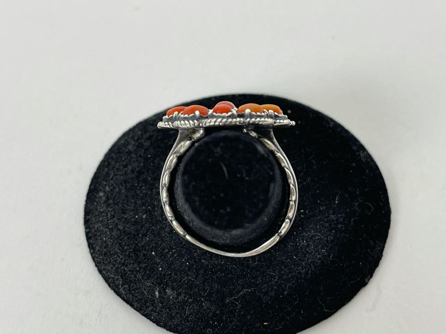 JUST ADDED - Vintage Native American Sterling Silver Coral Ring Signed AW Size 8 10.2g [Photo 6]