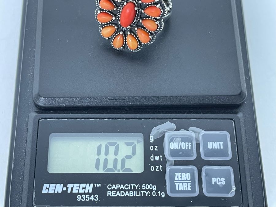 JUST ADDED - Vintage Native American Sterling Silver Coral Ring Signed AW Size 8 10.2g [Photo 10]