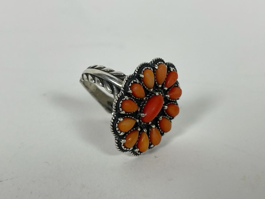 JUST ADDED - Vintage Native American Sterling Silver Coral Ring Signed AW Size 8 10.2g [Photo 7]