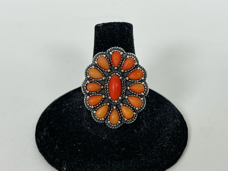 JUST ADDED - Vintage Native American Sterling Silver Coral Ring Signed AW Size 8 10.2g [Photo 2]