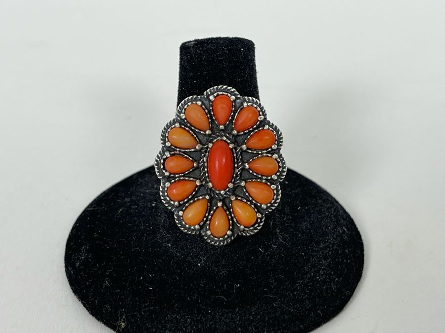 JUST ADDED - Vintage Native American Sterling Silver Coral Ring Signed AW Size 8 10.2g [Photo 3]