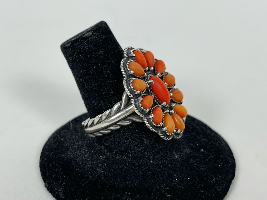 JUST ADDED - Vintage Native American Sterling Silver Coral Ring Signed AW Size 8 10.2g [Photo 5]
