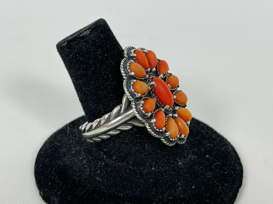 JUST ADDED - Vintage Native American Sterling Silver Coral Ring Signed AW Size 8 10.2g [Photo 4]