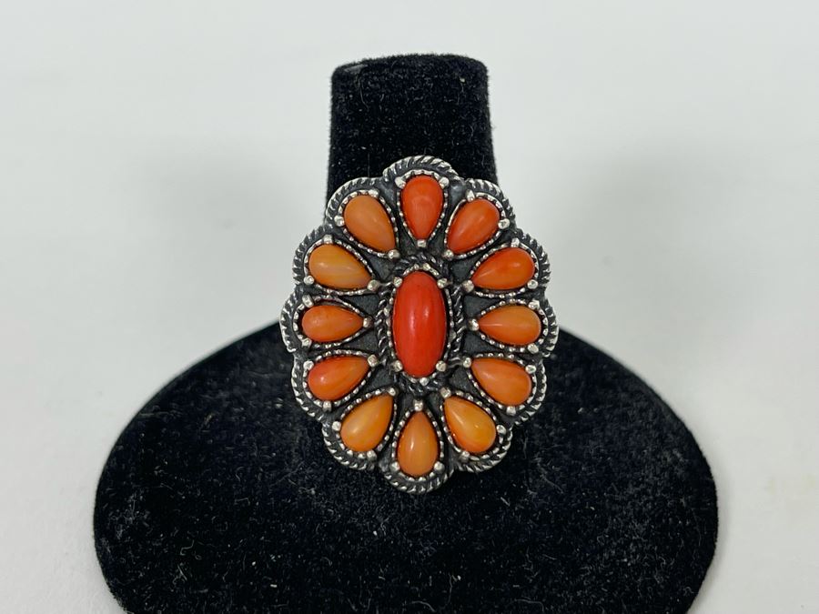 JUST ADDED - Vintage Native American Sterling Silver Coral Ring Signed AW Size 8 10.2g [Photo 1]