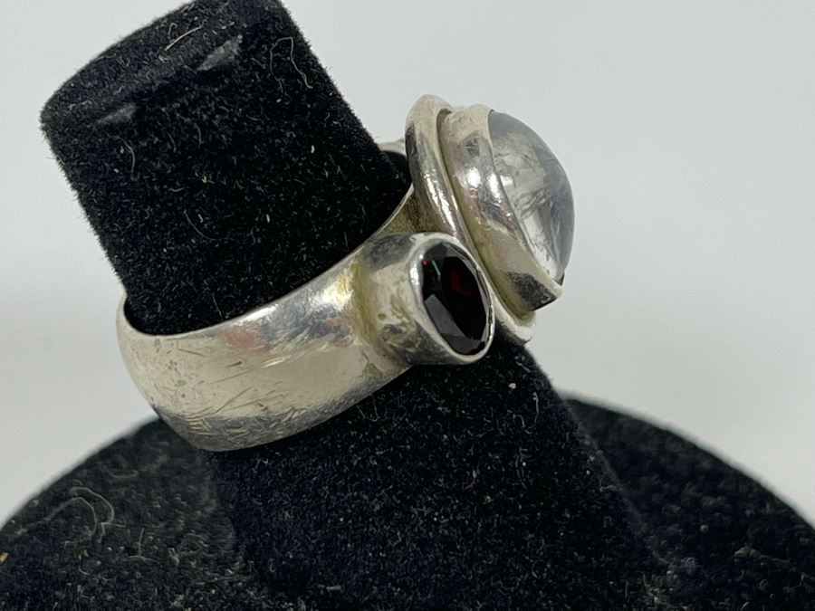 JUST ADDED - Sterling Silver Moonstone + Garnet Ring Size 5.25 7.4g [Photo 6]