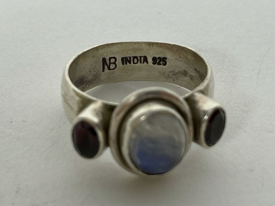 JUST ADDED - Sterling Silver Moonstone + Garnet Ring Size 5.25 7.4g [Photo 8]