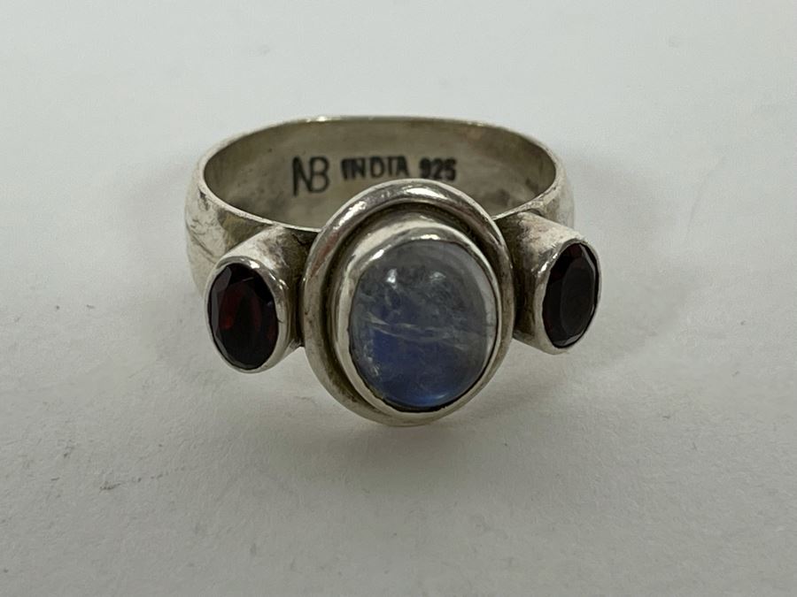 JUST ADDED - Sterling Silver Moonstone + Garnet Ring Size 5.25 7.4g [Photo 9]