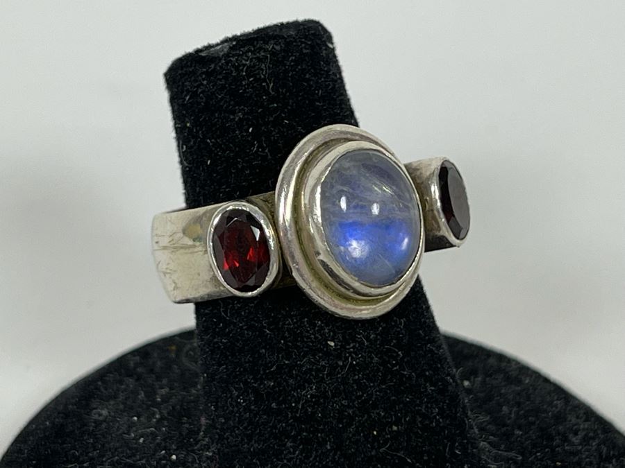 JUST ADDED - Sterling Silver Moonstone + Garnet Ring Size 5.25 7.4g [Photo 5]