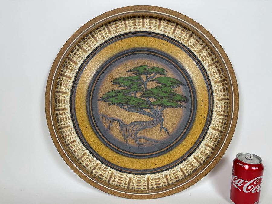 JUST ADDED - Large Bruce Linder Designs Handthrown Stoneware Wall Plaque Featuring Torrey Pines Trees 19.5R From 1982 Sawdust Festival [Photo 1]