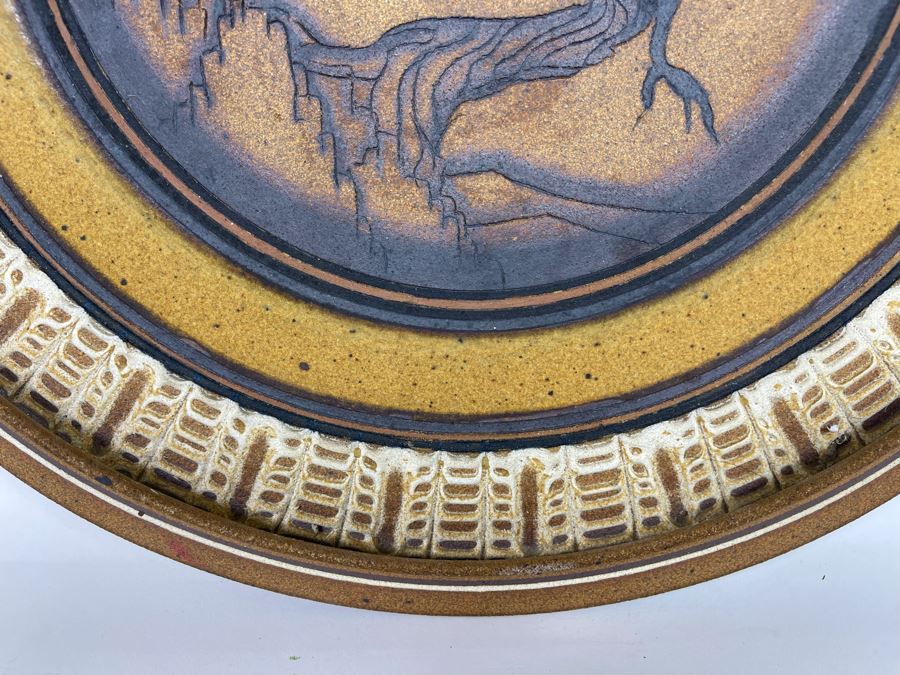 JUST ADDED - Large Bruce Linder Designs Handthrown Stoneware Wall Plaque Featuring Torrey Pines Trees 19.5R From 1982 Sawdust Festival [Photo 5]