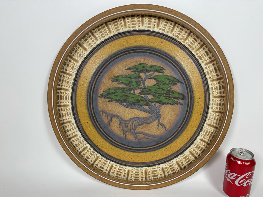 JUST ADDED - Large Bruce Linder Designs Handthrown Stoneware Wall Plaque Featuring Torrey Pines Trees 19.5R From 1982 Sawdust Festival [Photo 3]