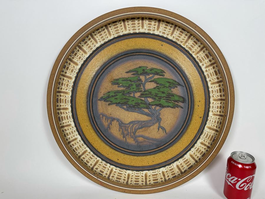 JUST ADDED - Large Bruce Linder Designs Handthrown Stoneware Wall Plaque Featuring Torrey Pines Trees 19.5R From 1982 Sawdust Festival [Photo 2]
