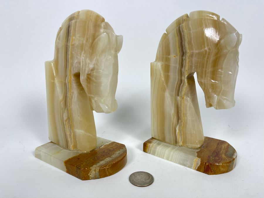 JUST ADDED - Vintage Carved Onyx Horse Head Bookends 6.5H [Photo 2]