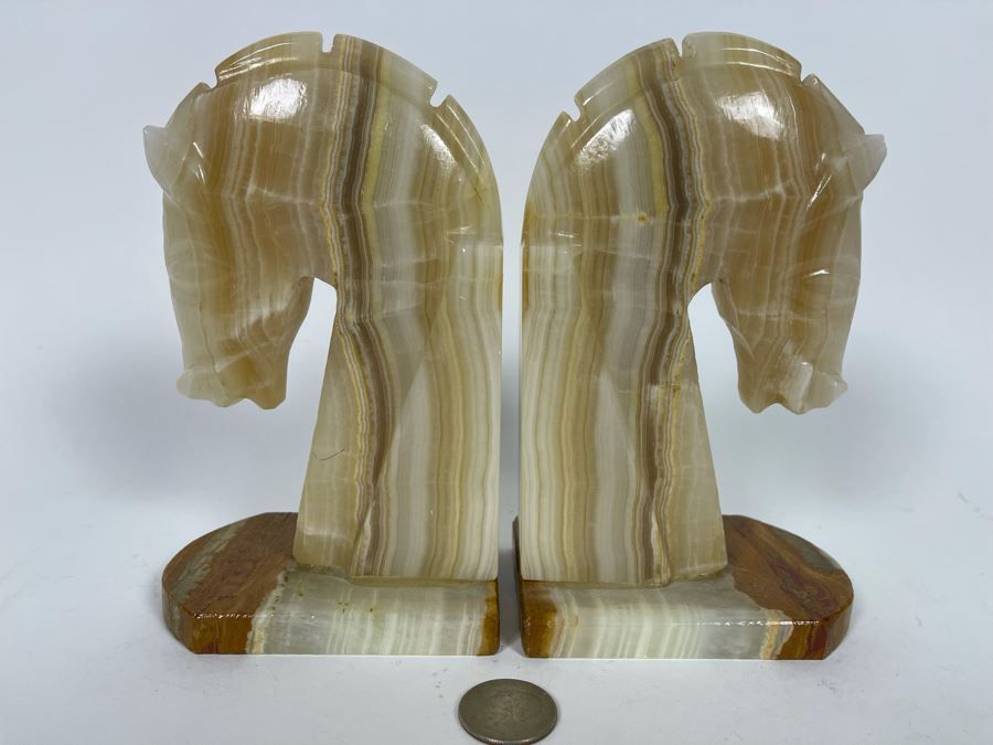 JUST ADDED - Vintage Carved Onyx Horse Head Bookends 6.5H [Photo 5]