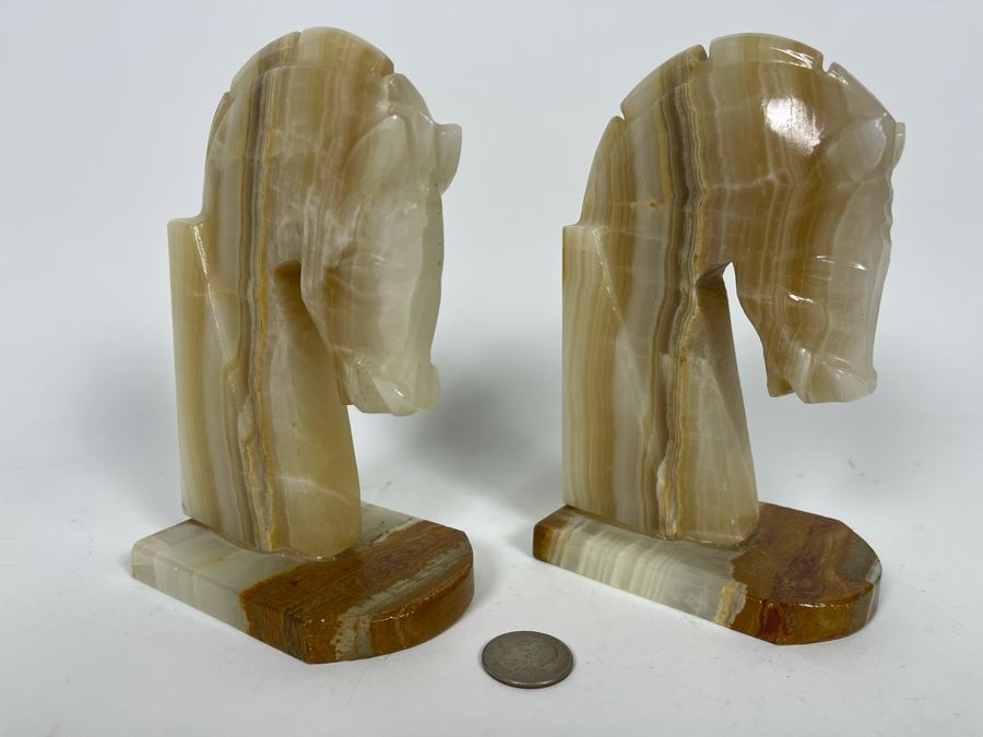JUST ADDED - Vintage Carved Onyx Horse Head Bookends 6.5H [Photo 3]