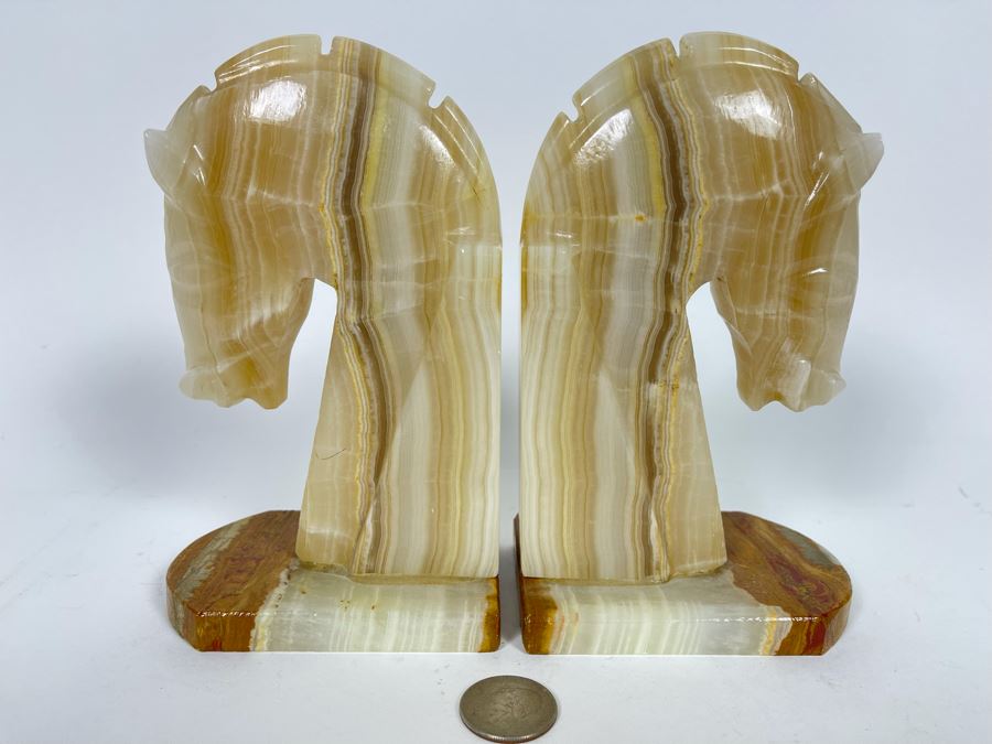 JUST ADDED - Vintage Carved Onyx Horse Head Bookends 6.5H [Photo 6]