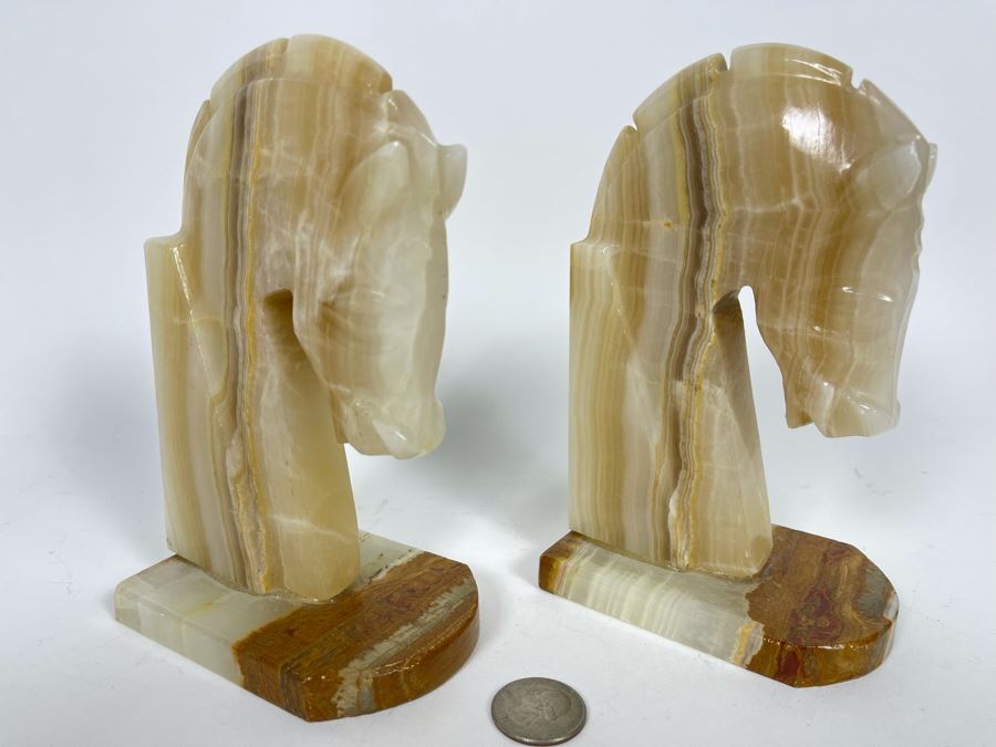 JUST ADDED - Vintage Carved Onyx Horse Head Bookends 6.5H