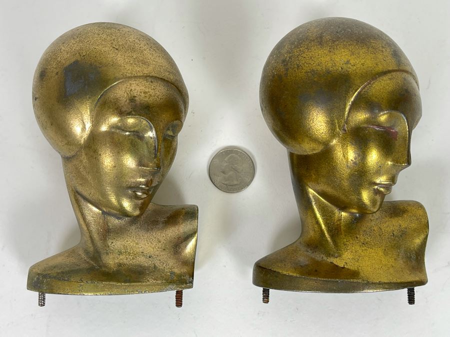 JUST ADDED - Pair Of Gilt Metal Art Deco Female Heads Missing Base 5H