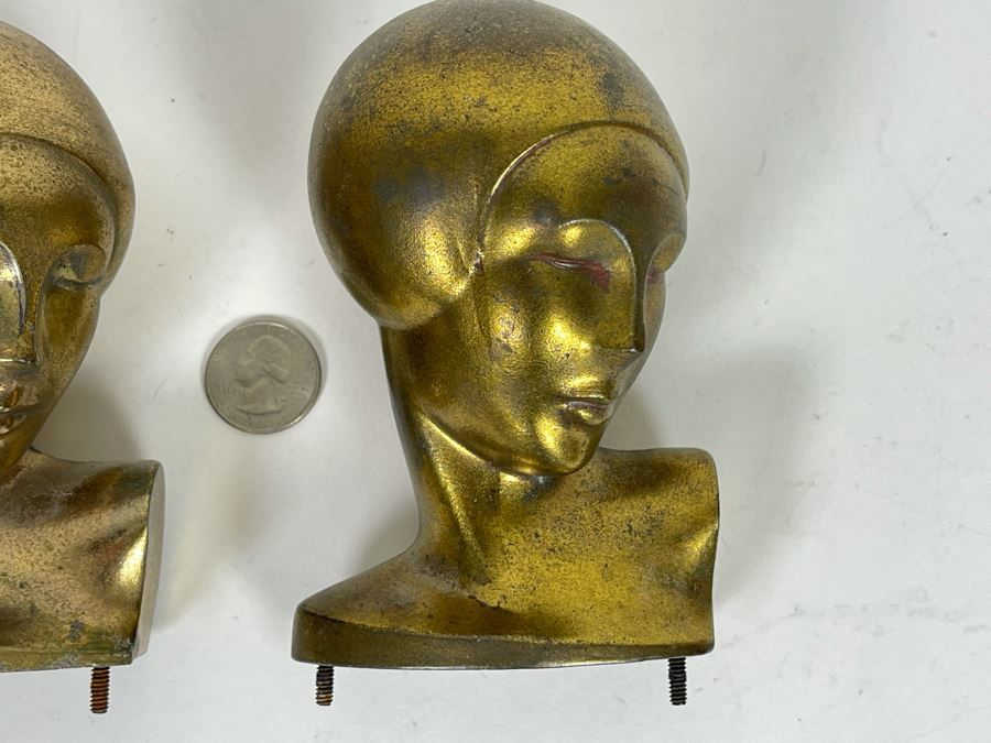 JUST ADDED - Pair Of Gilt Metal Art Deco Female Heads Missing Base 5H [Photo 4]