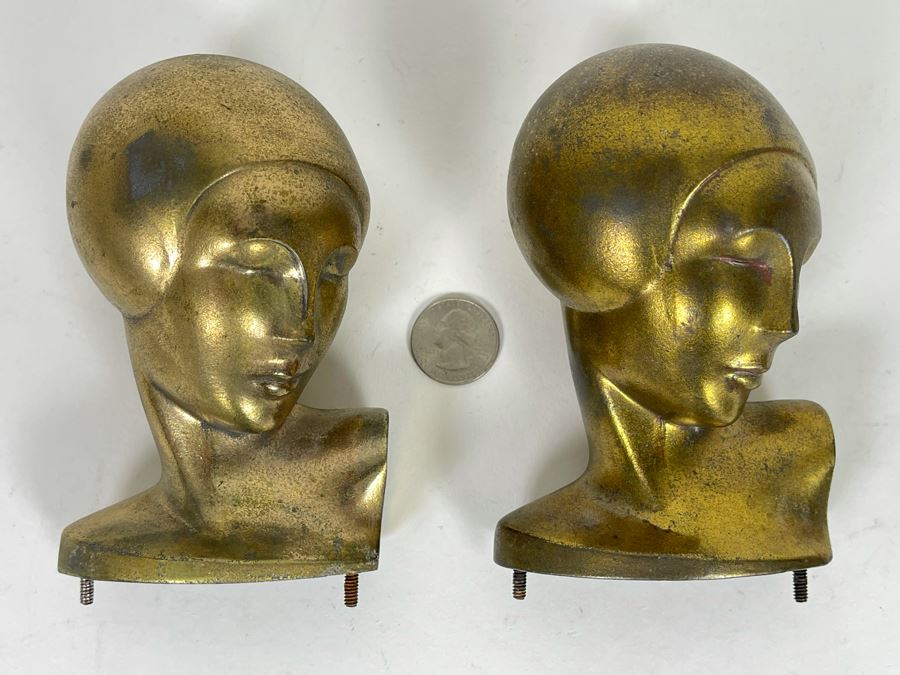 JUST ADDED - Pair Of Gilt Metal Art Deco Female Heads Missing Base 5H [Photo 2]