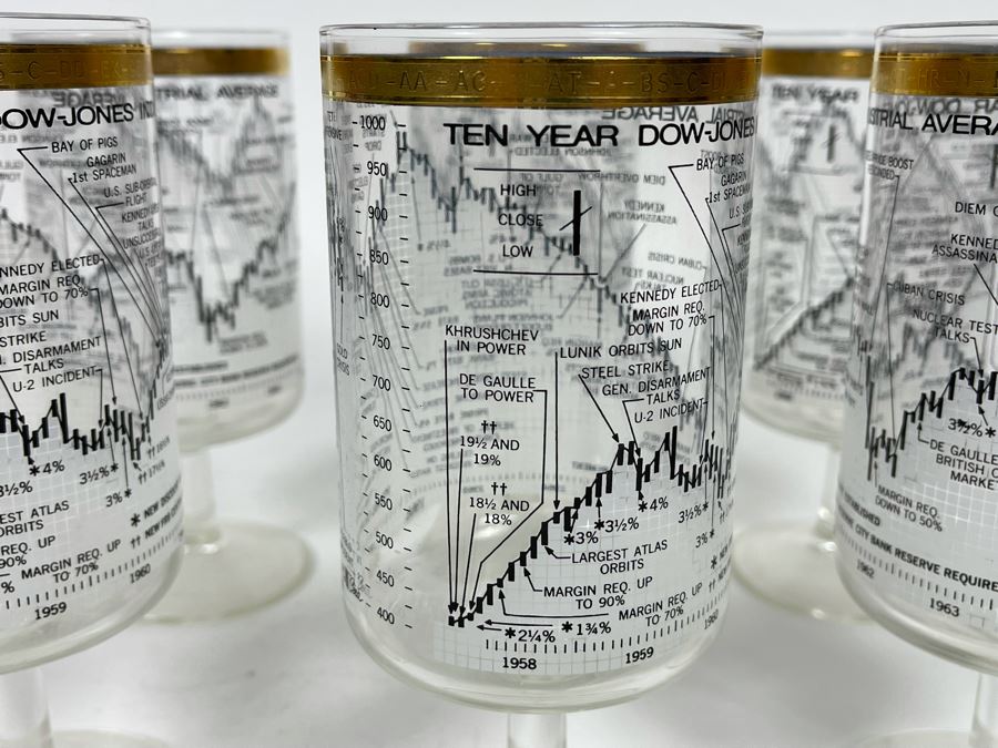 JUST ADDED - Set Of Six Mid-Century Ten Year Dow Jones Industrial Average From 1958-1968 Stemware Glasses 6.5H [Photo 4]