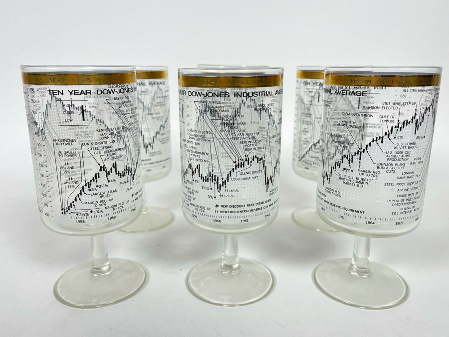 JUST ADDED - Set Of Six Mid-Century Ten Year Dow Jones Industrial Average From 1958-1968 Stemware Glasses 6.5H [Photo 3]