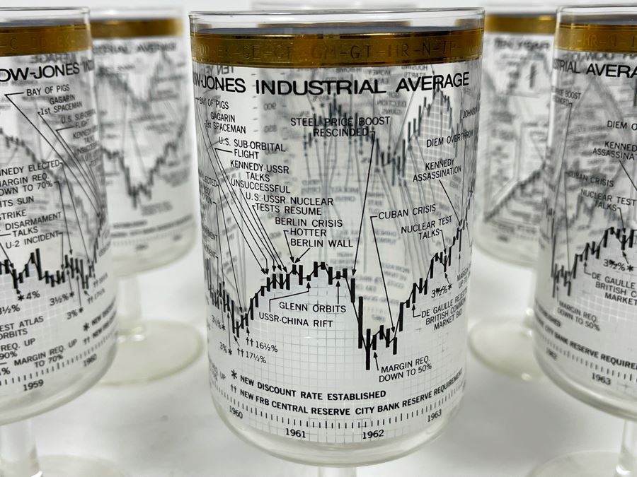 JUST ADDED - Set Of Six Mid-Century Ten Year Dow Jones Industrial Average From 1958-1968 Stemware Glasses 6.5H [Photo 6]