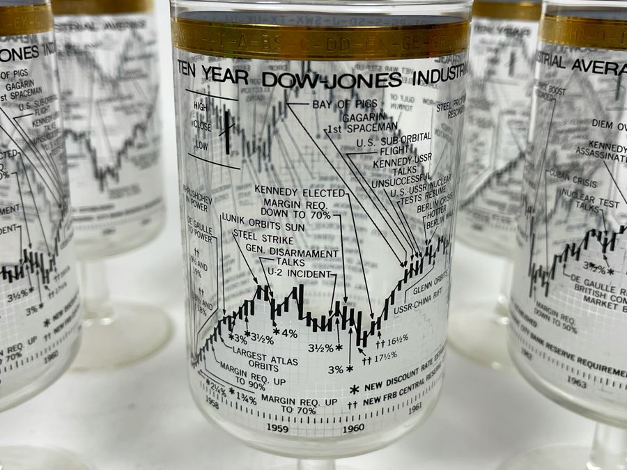 JUST ADDED - Set Of Six Mid-Century Ten Year Dow Jones Industrial Average From 1958-1968 Stemware Glasses 6.5H [Photo 5]