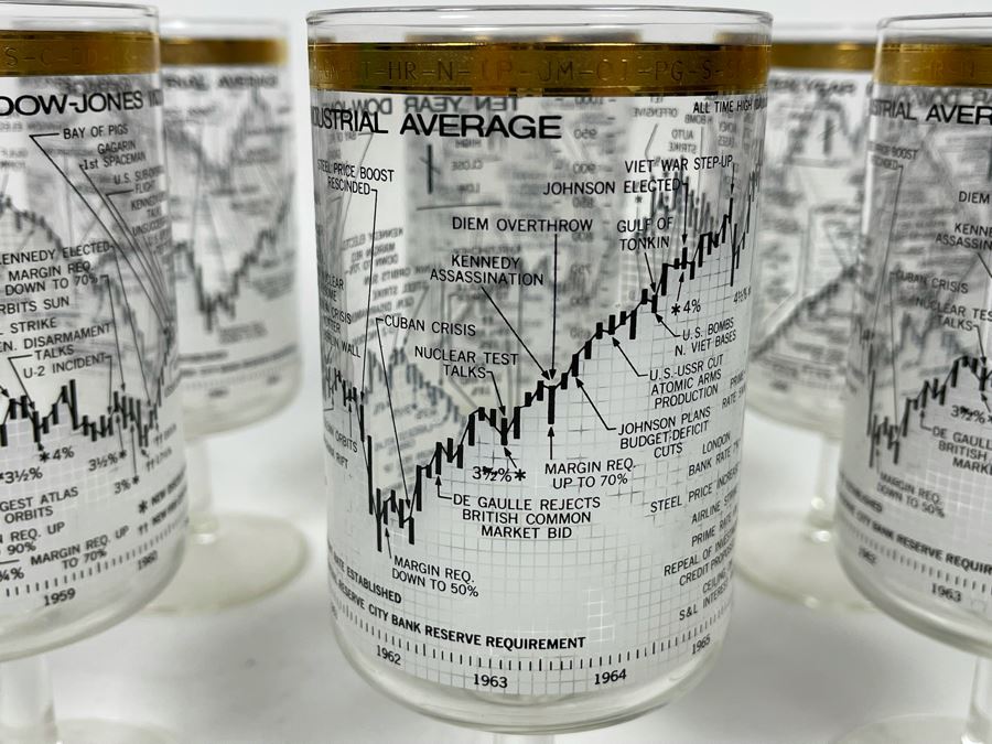 JUST ADDED - Set Of Six Mid-Century Ten Year Dow Jones Industrial Average From 1958-1968 Stemware Glasses 6.5H [Photo 7]