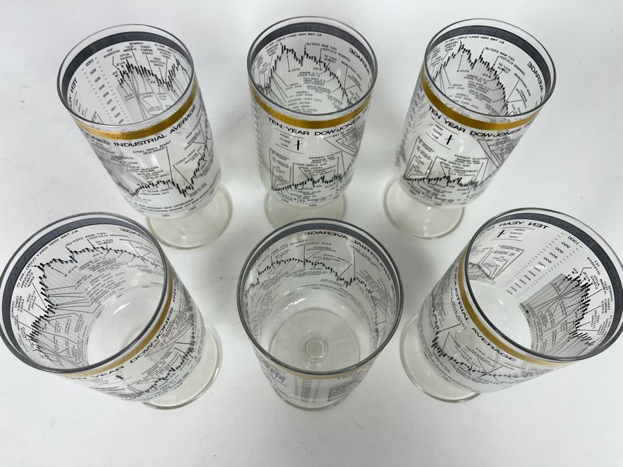 JUST ADDED - Set Of Six Mid-Century Ten Year Dow Jones Industrial Average From 1958-1968 Stemware Glasses 6.5H [Photo 11]