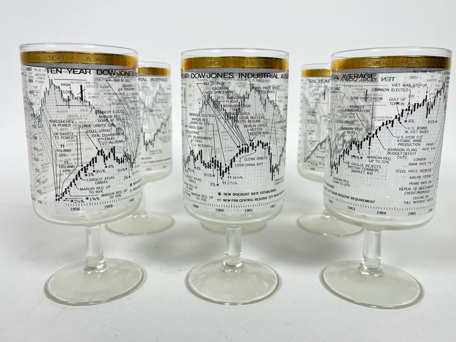 JUST ADDED - Set Of Six Mid-Century Ten Year Dow Jones Industrial Average From 1958-1968 Stemware Glasses 6.5H