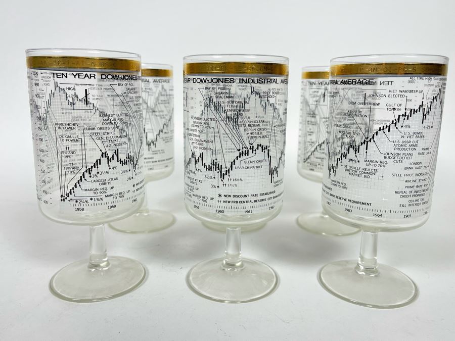 JUST ADDED - Set Of Six Mid-Century Ten Year Dow Jones Industrial Average From 1958-1968 Stemware Glasses 6.5H [Photo 2]