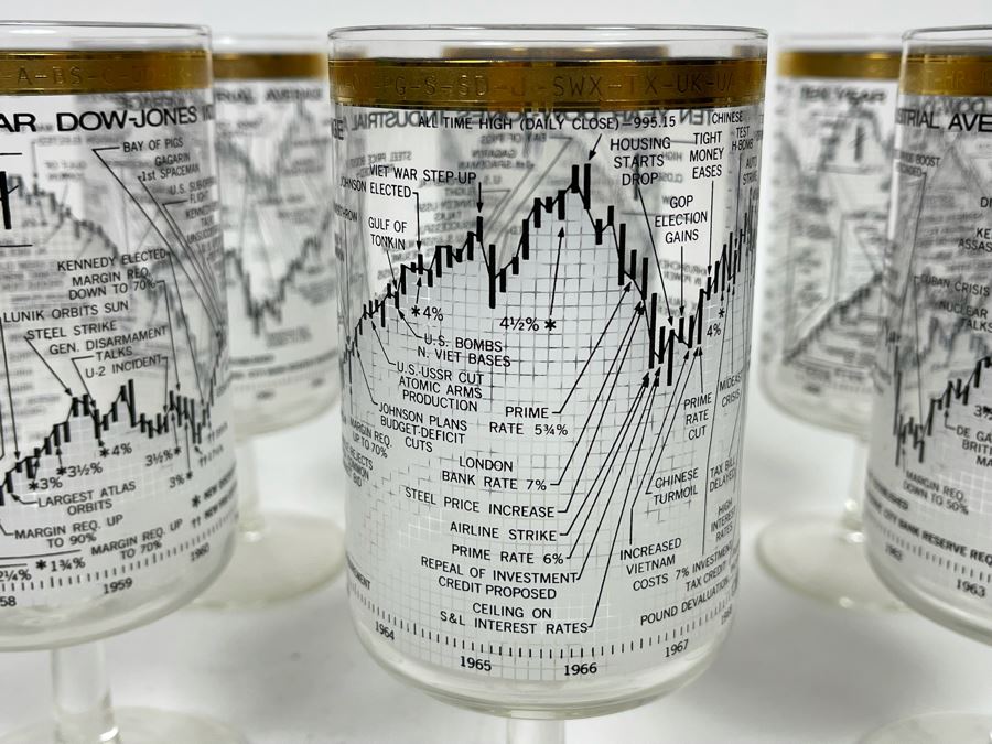 JUST ADDED - Set Of Six Mid-Century Ten Year Dow Jones Industrial Average From 1958-1968 Stemware Glasses 6.5H [Photo 8]