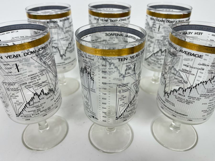 JUST ADDED - Set Of Six Mid-Century Ten Year Dow Jones Industrial Average From 1958-1968 Stemware Glasses 6.5H [Photo 12]