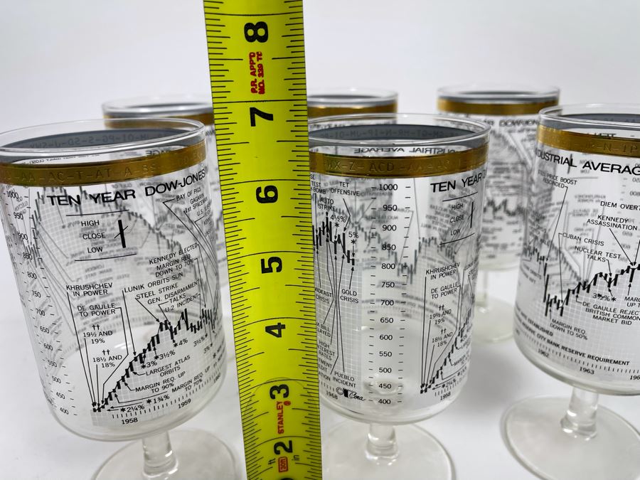 JUST ADDED - Set Of Six Mid-Century Ten Year Dow Jones Industrial Average From 1958-1968 Stemware Glasses 6.5H [Photo 13]
